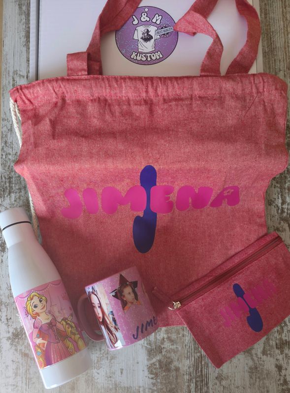 PACK REGALO BOLSA/MOCHILA DE CUERDAS/NECESER ALGODÓN/TAZA 350 ML/BOTELLA ALUMINIO 700ML