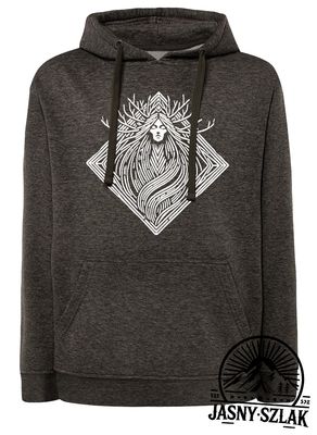Bluza z kapturem z motywem górskim i bestiariuszem – wysokiej jakości czarna bluza bawełniana z nadrukiem inspirowanym naturą, górami i mitologicznymi stworzeniami. Idealna dla miłośników przygód, górskich wędrówek i fantasy. Oryginalny design w stylu outdoor i legend