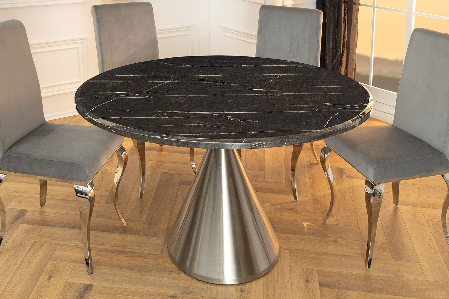 Table de salle à manger ELEGANCIA 130 cm ronde, structure chromée, aspect marbre noir - 45899