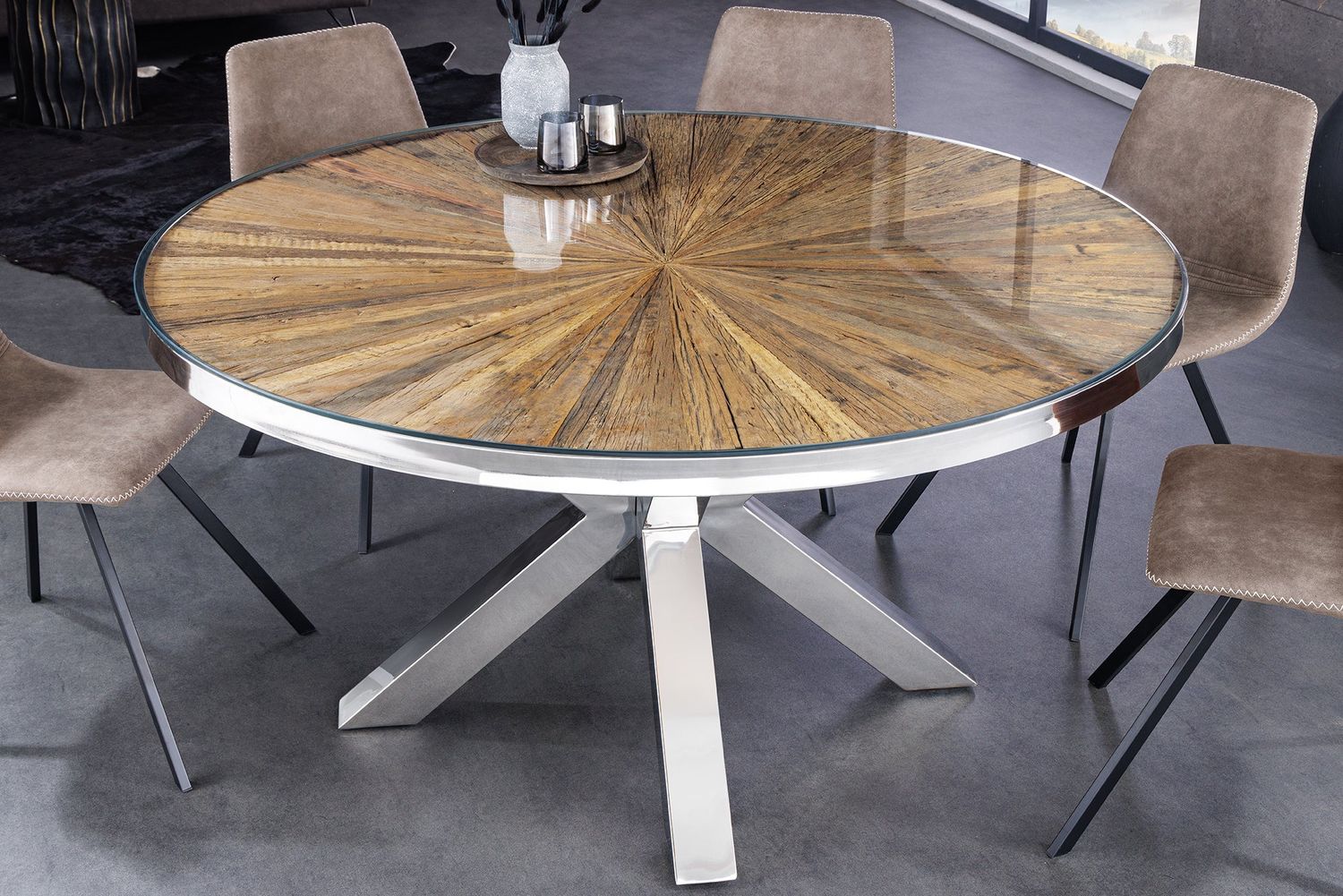 Table de salle à manger BARRACUDA Ø 120 cm ronde en teck avec plateau en verre - 43622