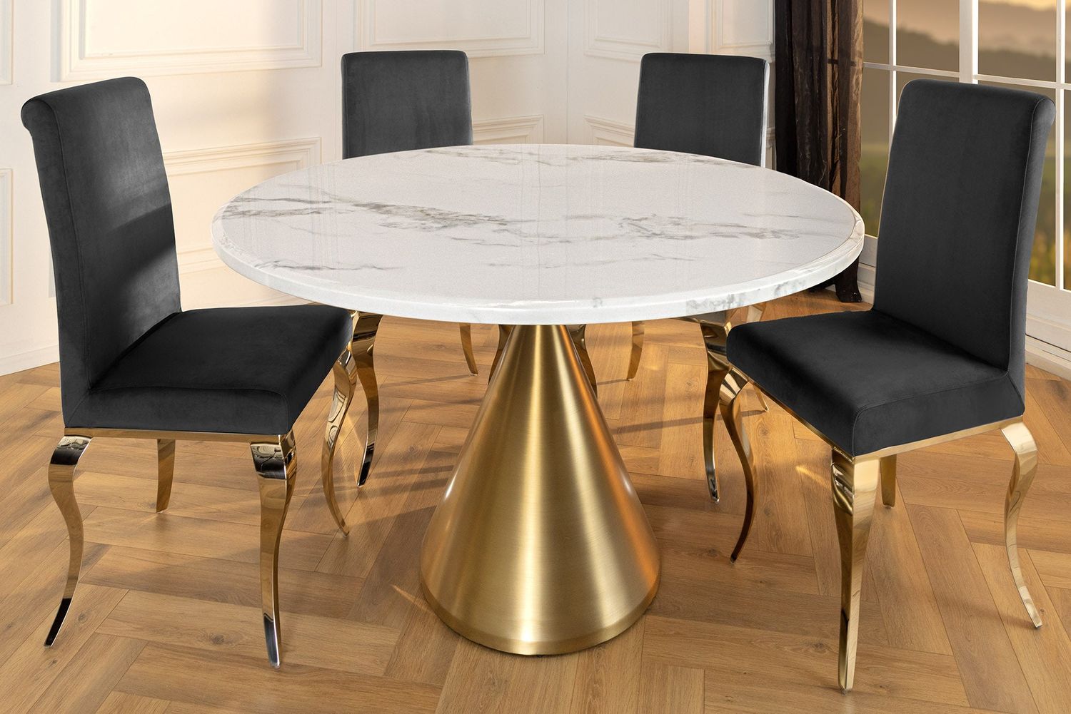 Table de salle à manger ELEGANCIA 130 cm, cadre rond, aspect marbre blanc doré - 45898