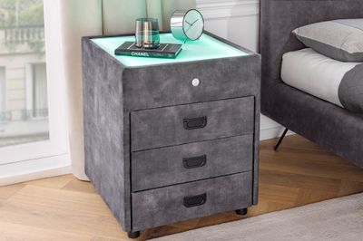 Table de chevet PARIS avec éclairage LED 55 cm, velours gris - 46009