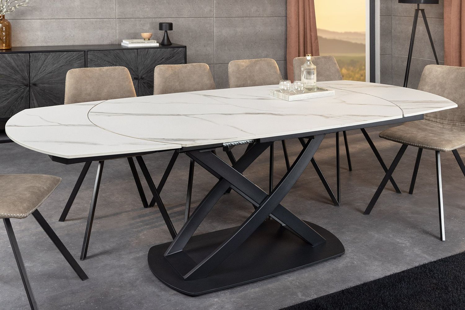 Table de salle à manger INCEPTION extensible ovale 130-190 cm, plateau en céramique aspect marbre blanc - 46423