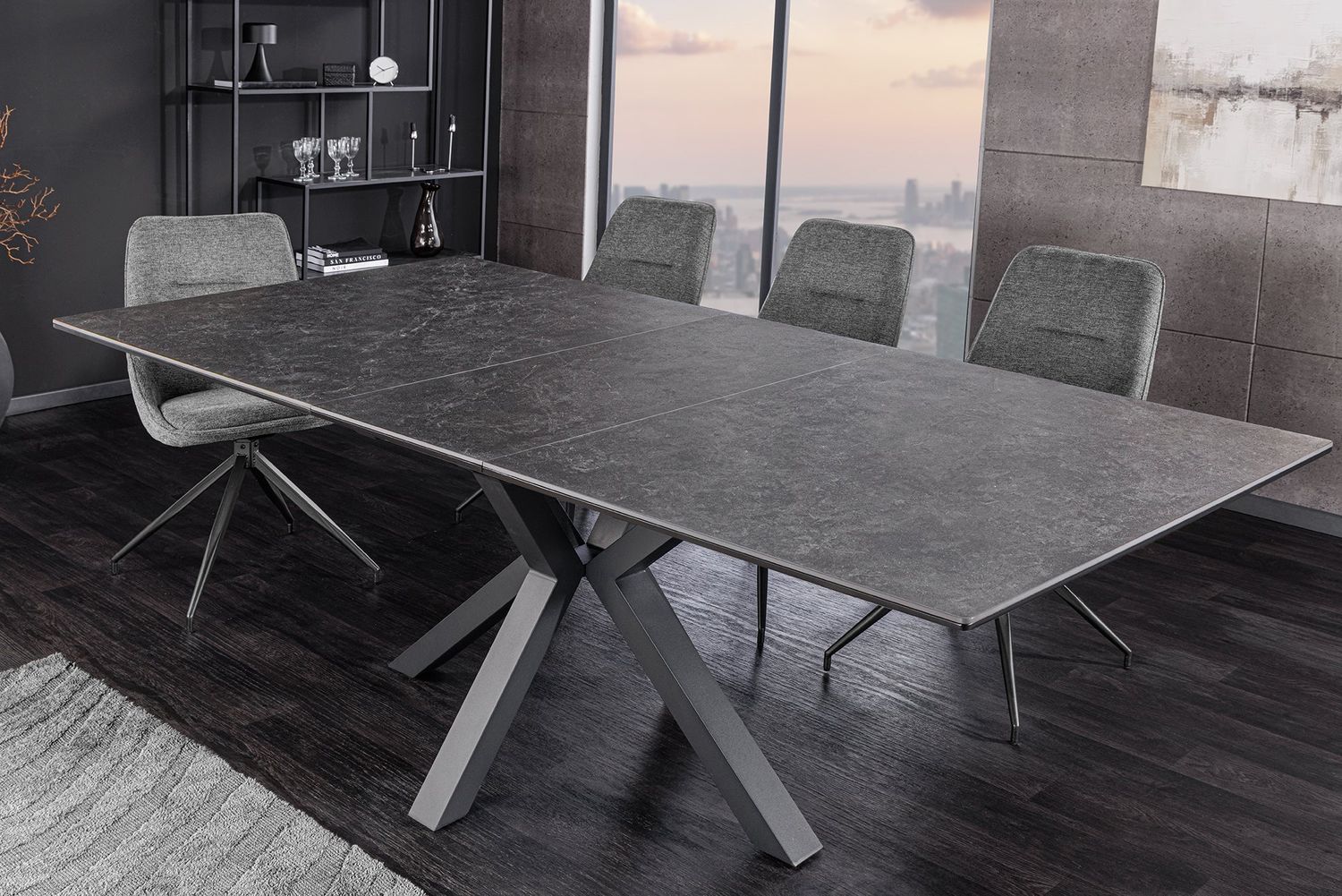 Table de salle à manger ETERNITY 160-200 cm en céramique gris graphite avec plateau en verre trempé - 46624
