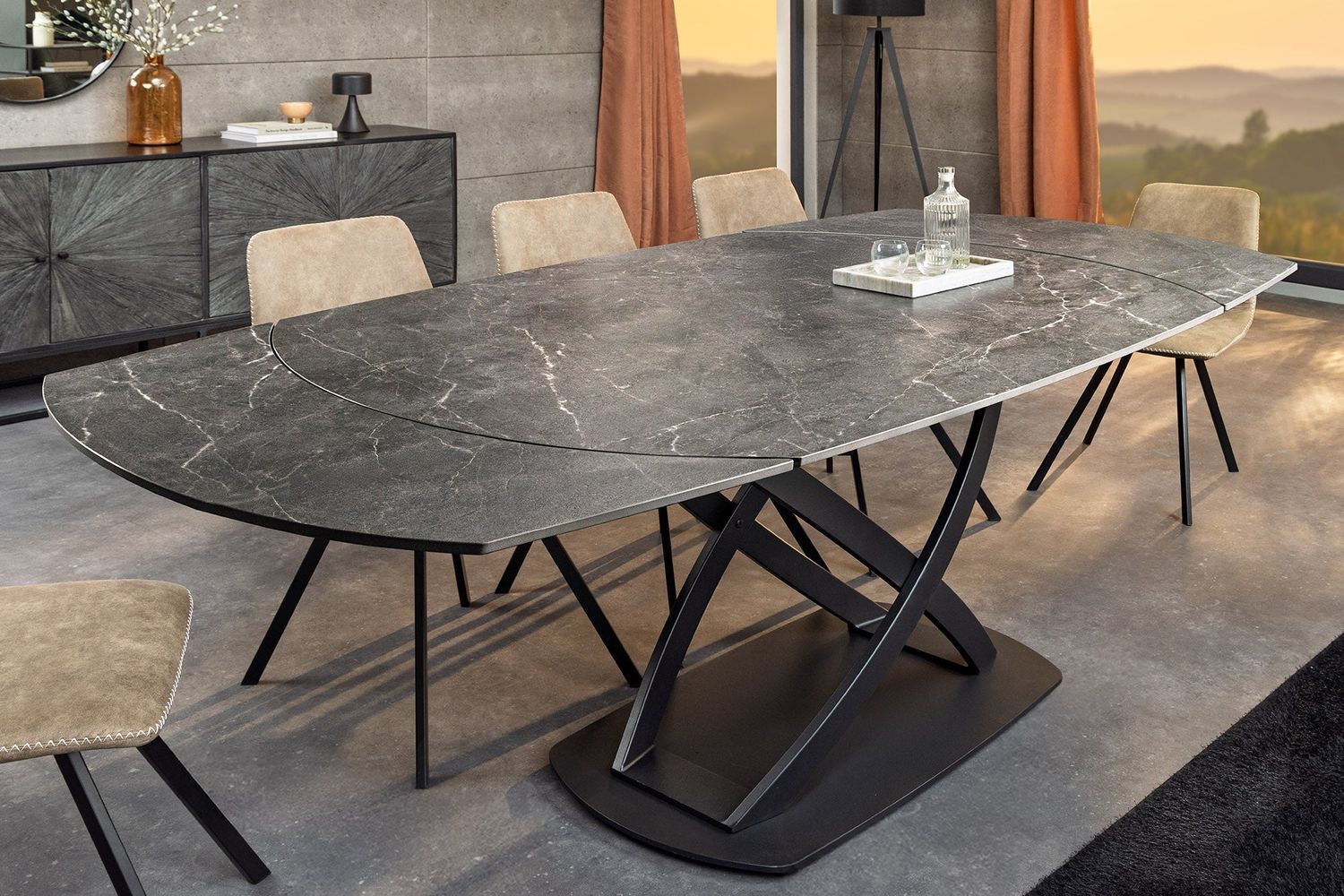 Table de salle à manger INCEPTION extensible ovale 130-190 cm, plateau en céramique aspect marbre anthracite - 46424