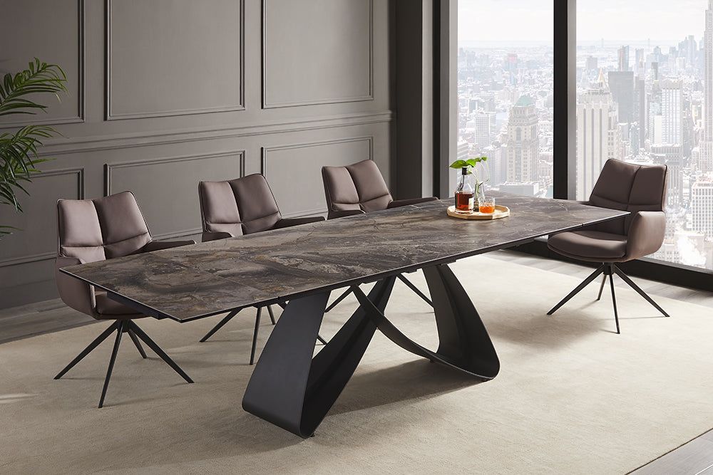 Table de salle à manger INFINITY 180-220-260 cm aspect marbre, céramique taupe, plateau en verre trempé - 45181