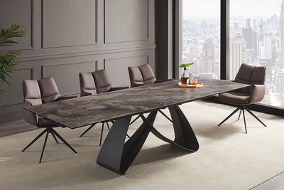 Table de salle à manger INFINITY 180-220-260 cm aspect marbre, céramique taupe, plateau en verre trempé - 45181