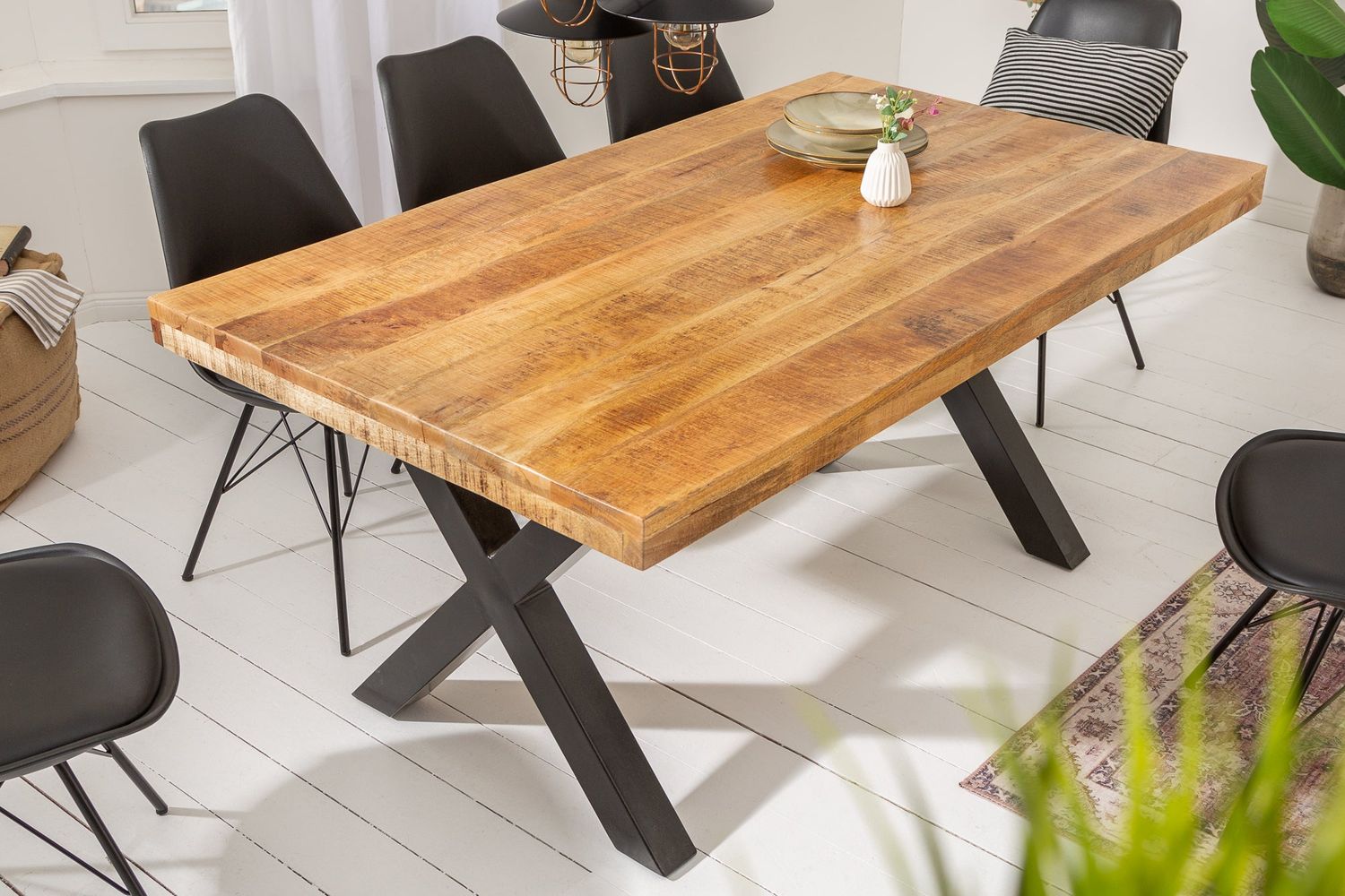 Table de salle à manger IRON CRAFT 160 cm, pieds en X, bois de manguier naturel - 6540012