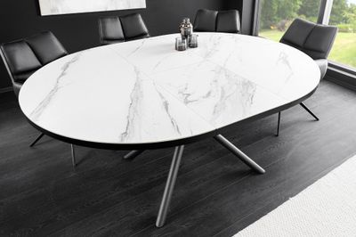 Table de salle à manger MIKADO 120-160 cm ronde extensible aspect marbre, plateau en céramique blanche et verre trempé - 46503