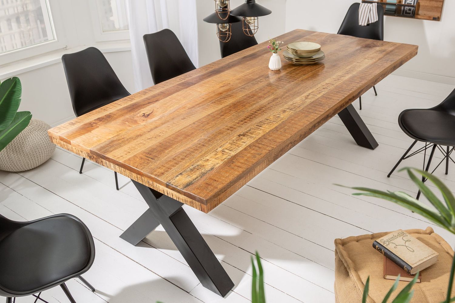 Table de salle à manger IRON CRAFT 240 cm, pieds en X, bois de manguier naturel - 6540057
