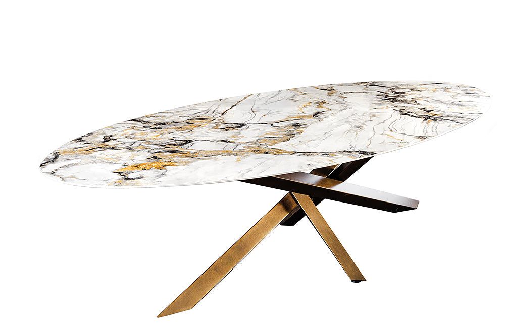 Table de salle à manger SCULPTURE ovale 280 cm, structure en bronze, plateau en céramique aspect marbre multicolore - 46473