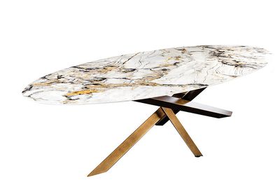 Table de salle à manger SCULPTURE ovale 280 cm, structure en bronze, plateau en céramique aspect marbre multicolore - 46473