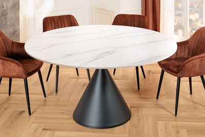 Table de salle à manger SIGNATURE 135 cm ronde, structure en métal noir, plateau en céramique effet marbre blanc - 47471