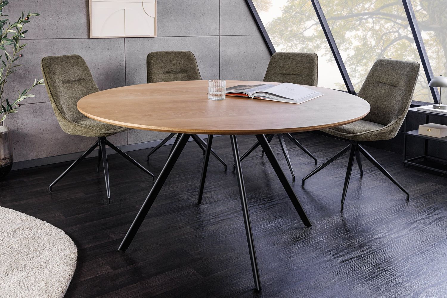 Table de salle à manger ronde ATELIER 120 cm aspect chêne naturel avec pieds en métal noir - 46572