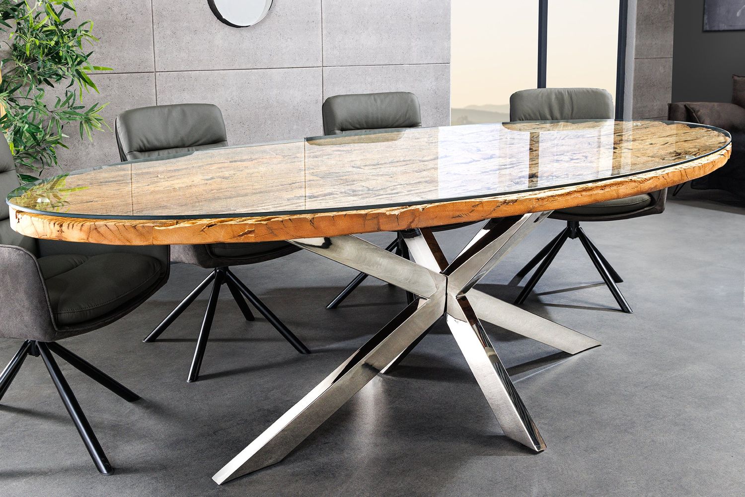 Table de salle à manger ovale BARRACUDA 220 cm en teck, plateau en verre ovale - 43626
