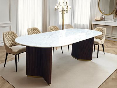 Table de salle à manger ovale GATSBY 240 cm en bois de manguier, piètement en V, plateau en marbre blanc - 45829