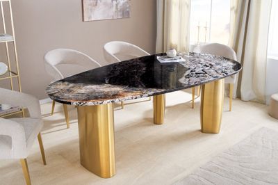 Table de salle à manger ORGANIC ovale 200 cm, plateau en marbre multicolore et structure dorée champagne - 46205