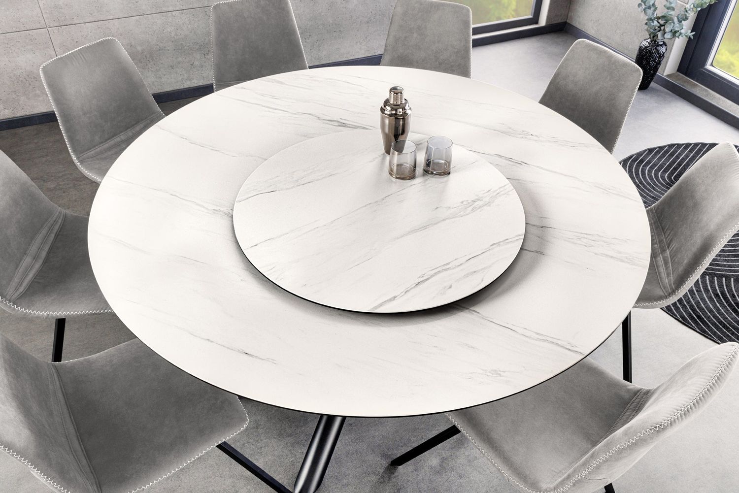 Table de salle à manger SPIN Ø 150 cm avec plateau amovible, aspect marbre céramique blanc - 44225