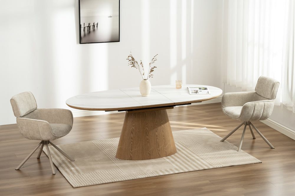 Table de salle à manger UNIQUE extensible 160-200 cm en chêne plaqué avec plateau en céramique effet marbre blanc - 47658