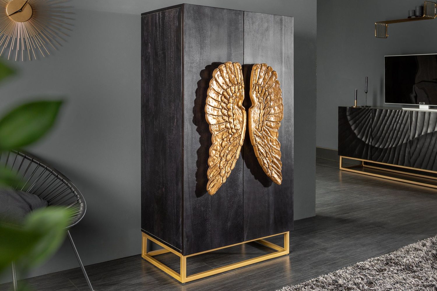 Table haute ANGEL 140cm noir mangue avec ailes dorées - 40056