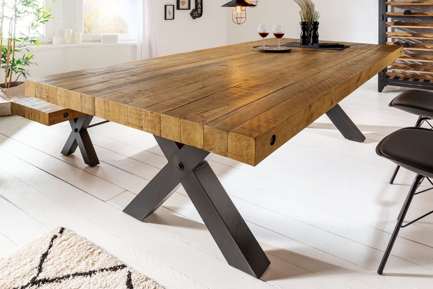 Table de salle à manger THOR 240 cm, pieds en X, pin brun vintage - 43560
