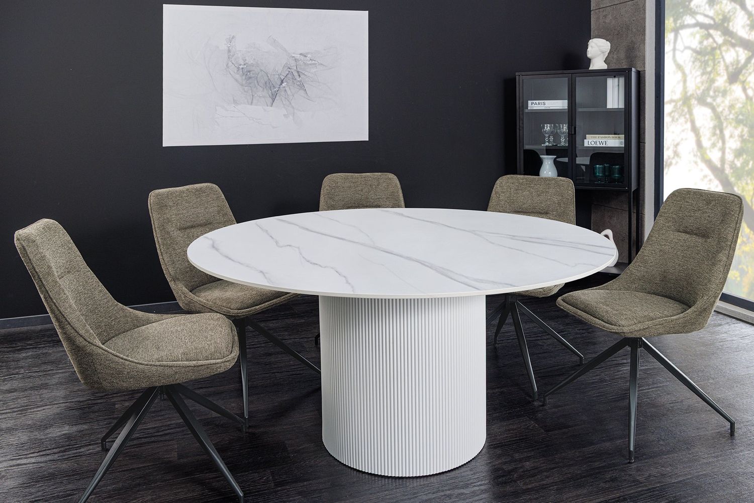Table de salle à manger UNIQUE ronde de 120 cm avec structure blanche et plateau en céramique effet marbre blanc - 46383