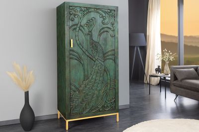 Table haute PEACOCK 170 cm, bois de manguier 3D aspect antique, vert foncé et or, faite main - 45590