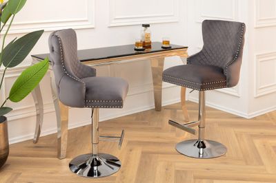 Tabouret de bar CASTLE, hauteur réglable, poignée tête de lion, velours gris style baroque - 46150