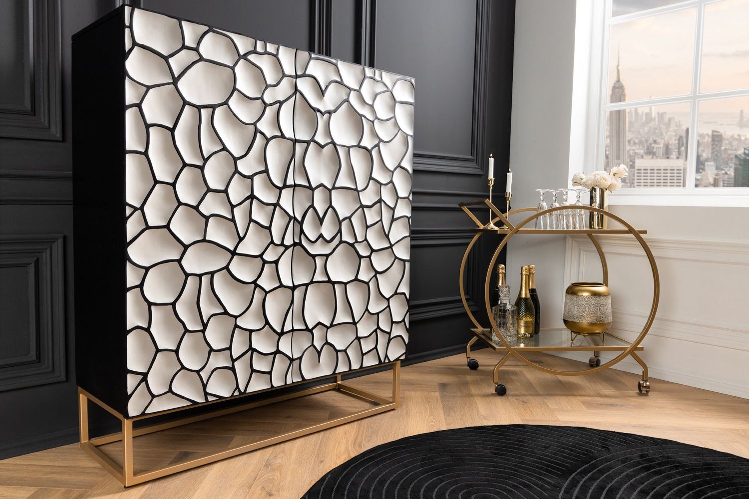 Table haute VULCANO 120cm en bois de manguier mosaïque 3D noir et blanc - 44645