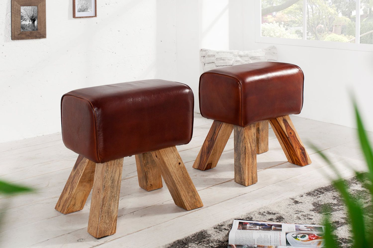 Tabouret BOCK 40 cm en cuir véritable et bois de manguier marron - 36268