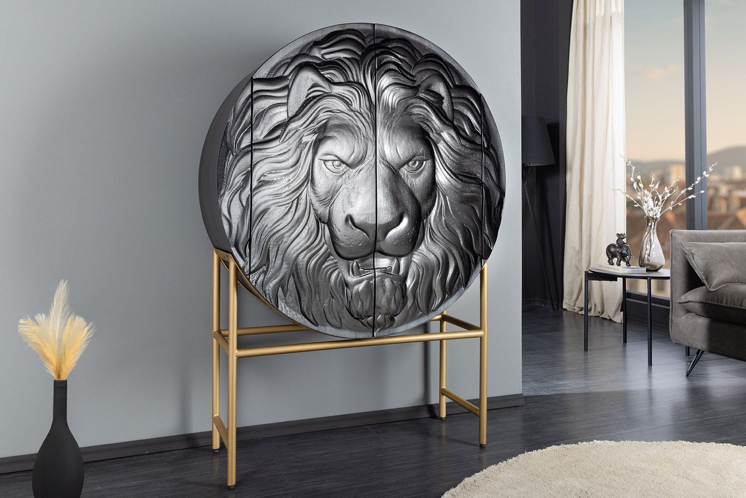 Table haute LION 140cm, cadre noir et doré en bois de manguier 3D - 45850