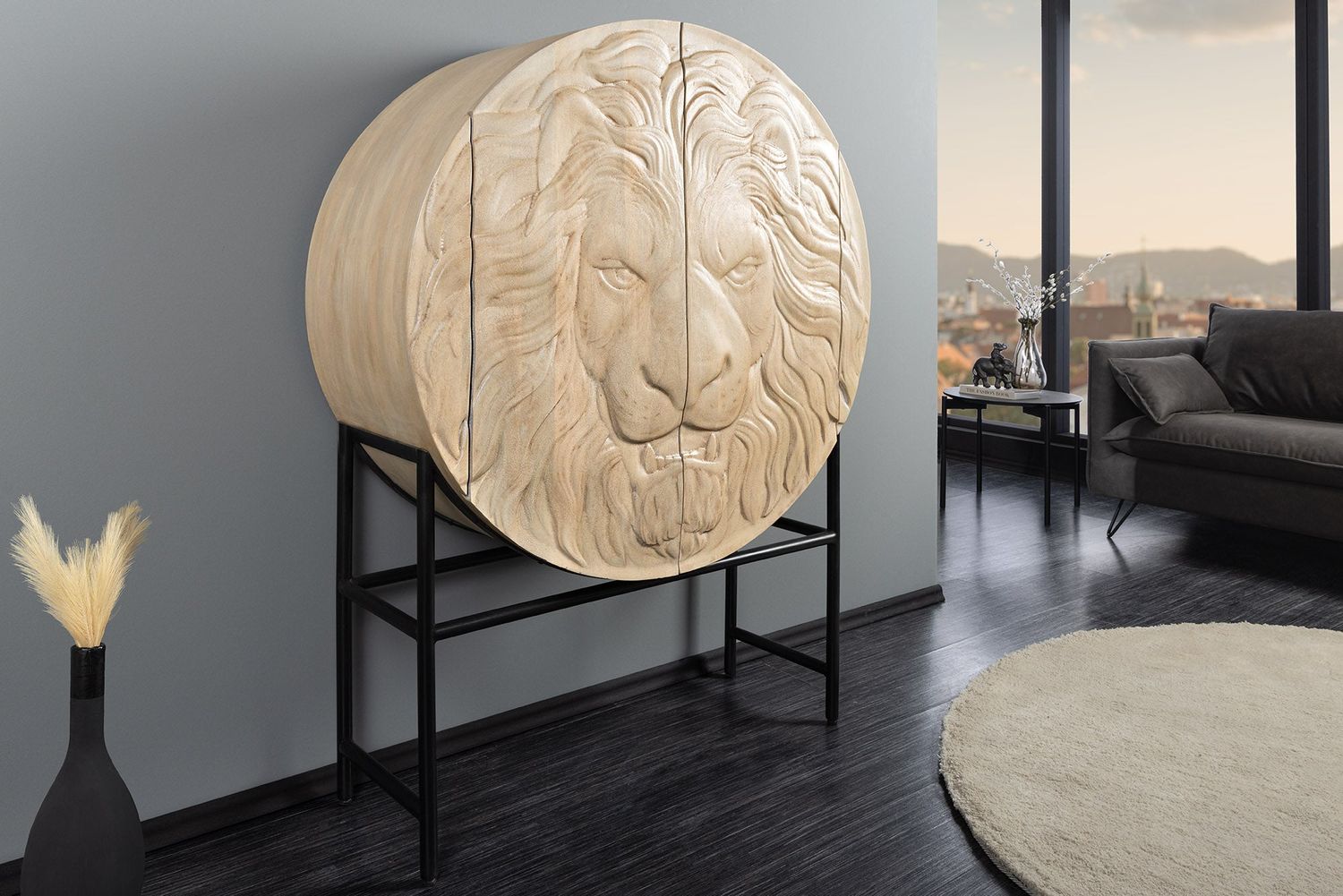 Table haute LION 140 cm, cadre blanc en bois de manguier 3D, noir - 45851