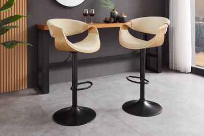 Tabouret de bar ORGANIC 89-100 cm pivotant avec accoudoirs, revêtement en similicuir beige crème et aspect chêne - 47715