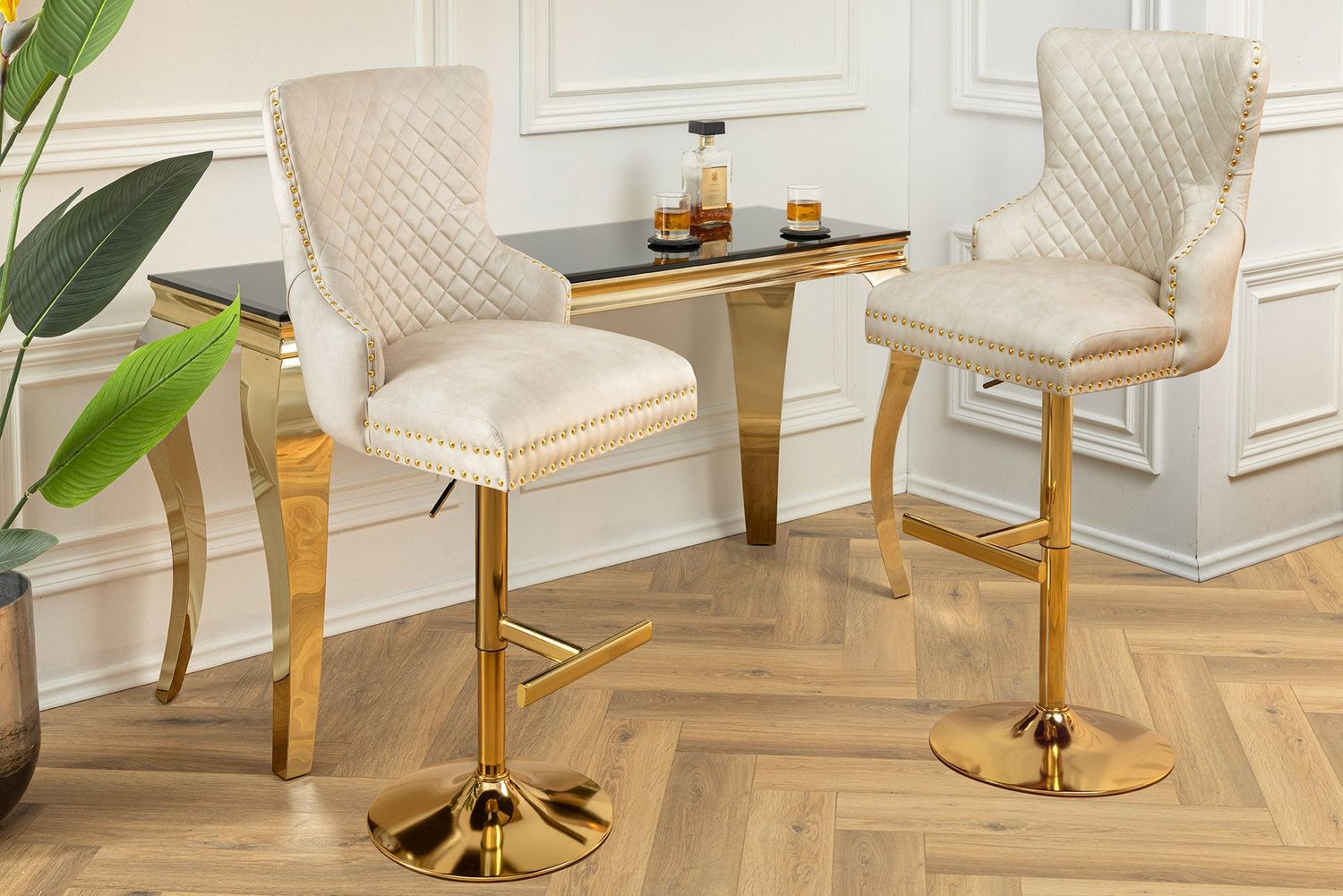 Tabouret de bar CASTLE, hauteur réglable, poignée tête de lion, revêtement en velours beige, pieds dorés, style baroque - 46149