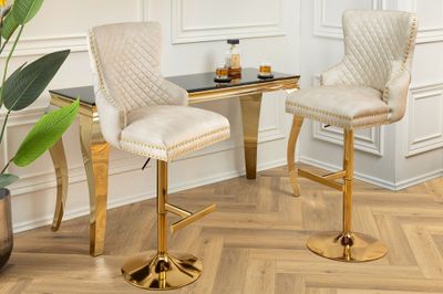 Tabouret de bar CASTLE, hauteur réglable, poignée tête de lion, revêtement en velours beige, pieds dorés, style baroque - 46149