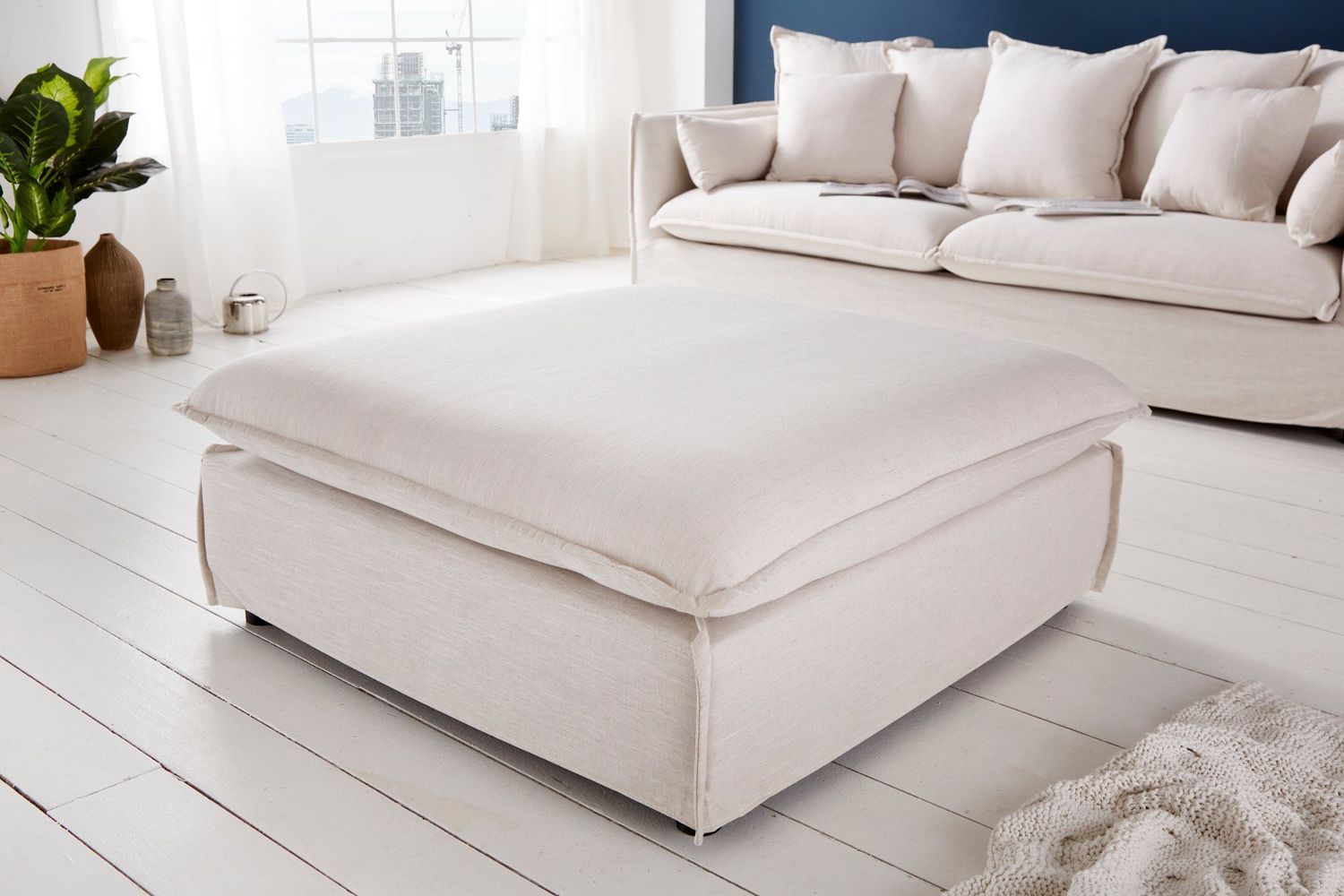 Tabouret HEAVEN 100 cm, housse amovible en tissu texturé lin naturel - 37933