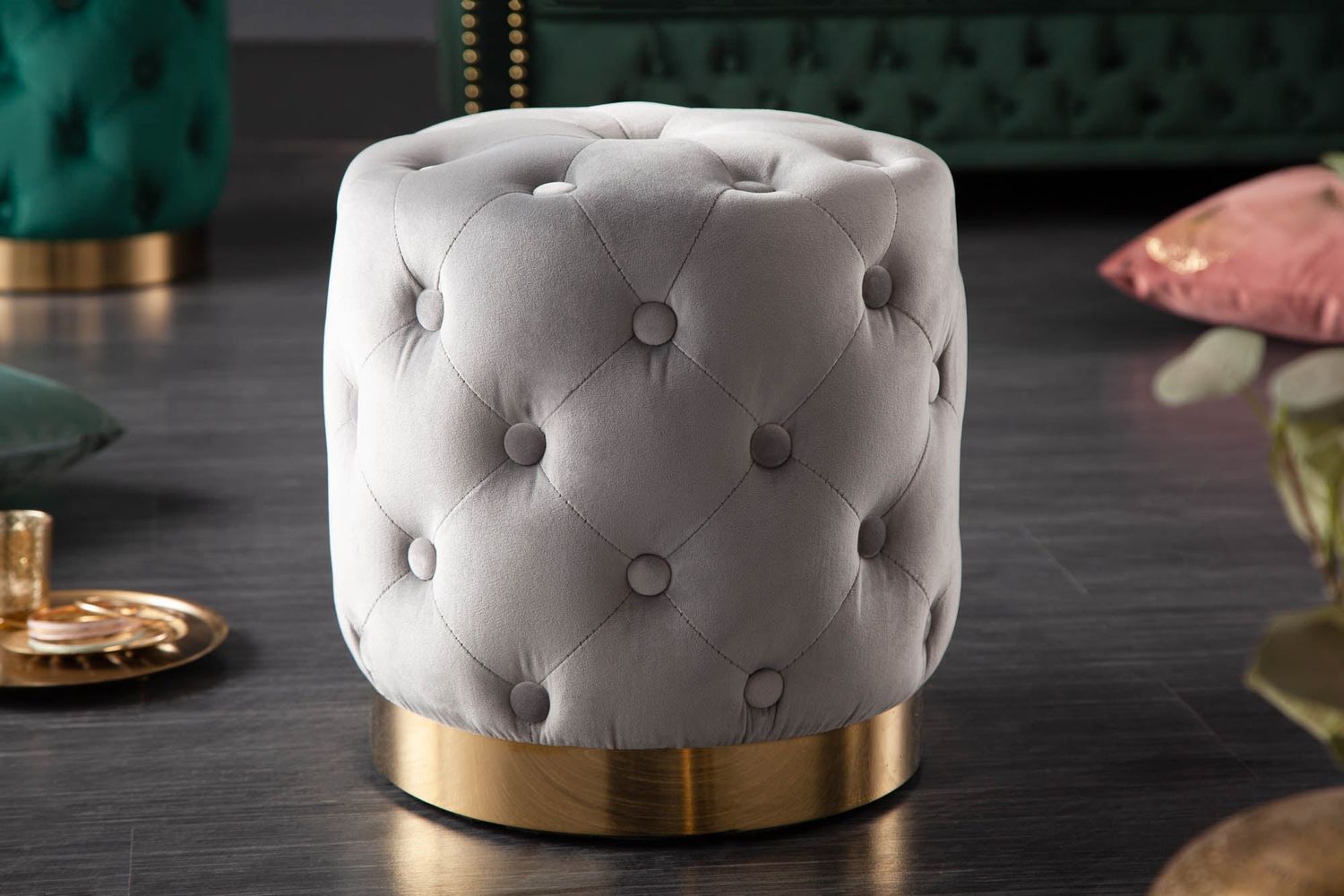 Tabouret MODERN BAROCK 35cm velours gris doré - 40731