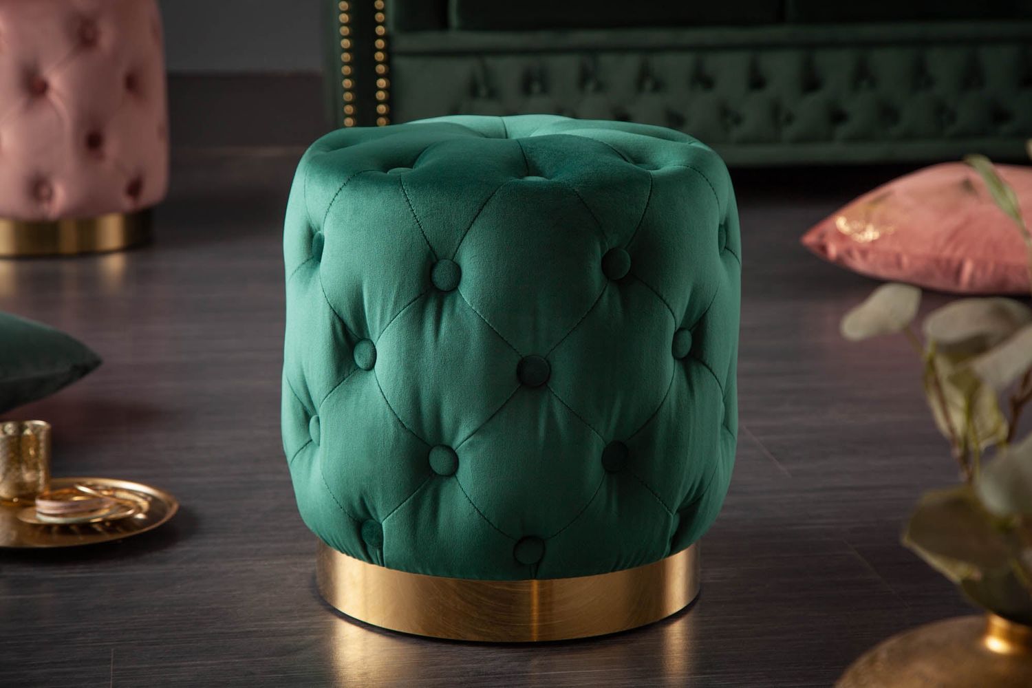 Tabouret MODERN BAROCK 35cm velours vert doré - 40730