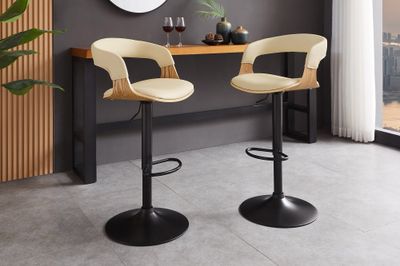 Tabouret de bar MANHATTAN 81-110 cm pivotant, revêtement en similicuir beige crème et aspect chêne - 47716