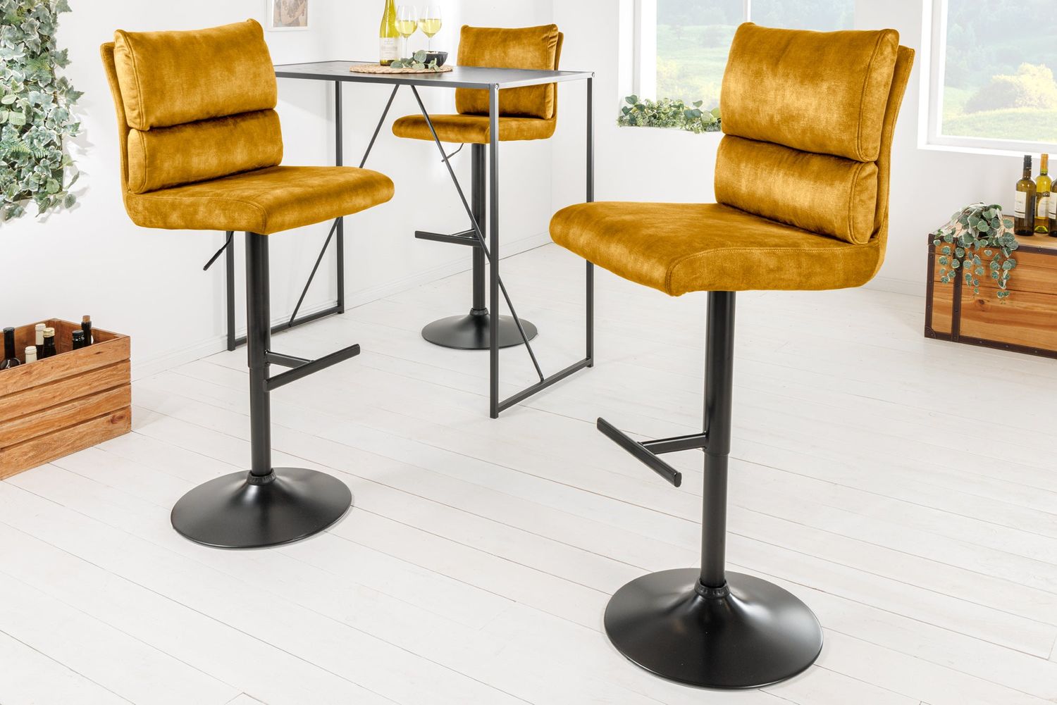 Tabouret de bar COMFORT 64-85cm velours jaune moutarde - 43652