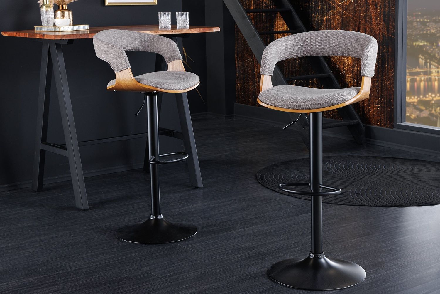 Tabouret de bar MANHATTAN 64-85cm pivotant, tissu texturé gris et bois de frêne - 44197