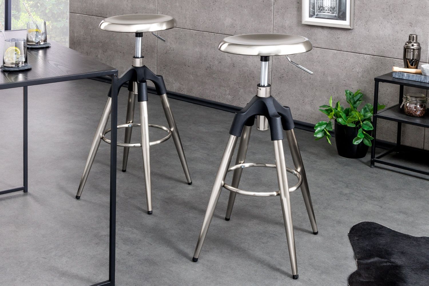 Tabouret de bar INDUSTRIEL 73-81 cm métal brossé argent - 43655