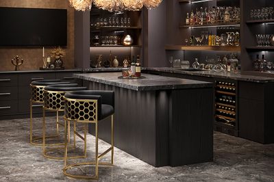 Tabouret de bar ELEGANCE en velours noir avec structure en acier inoxydable doré - 47502