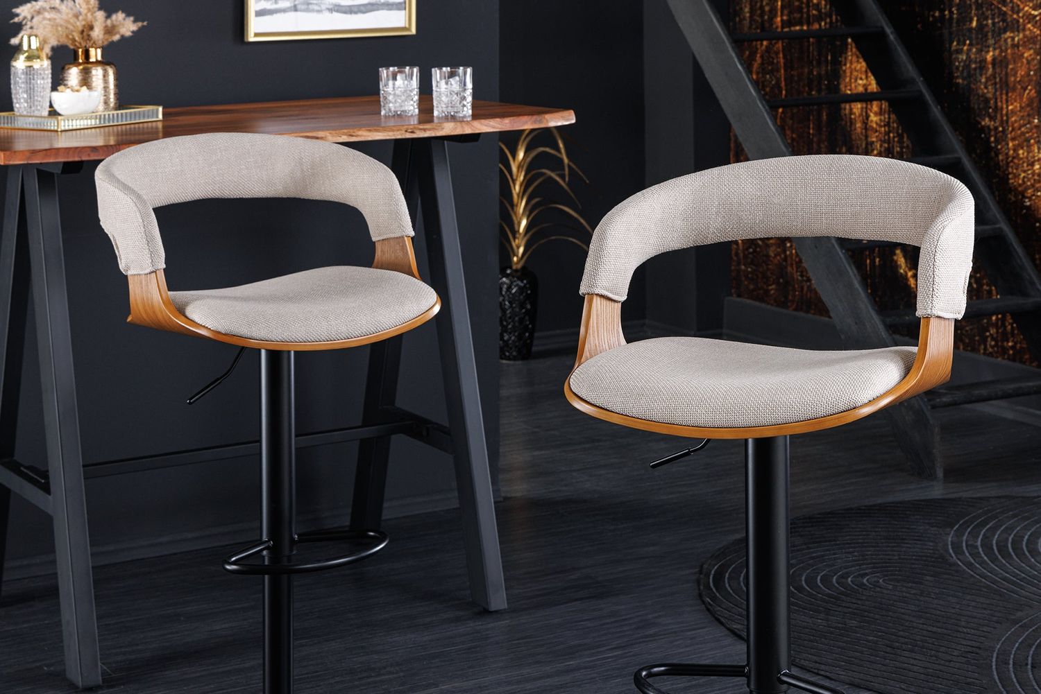 Tabouret de bar MANHATTAN 64-85cm pivotant, tissu texturé beige et bois de frêne - 44198