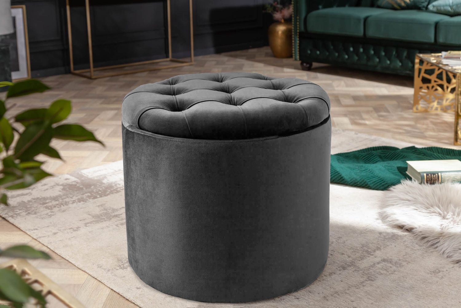 Tabouret MODERN BAROCK STORAGE 50cm velours gris - 44747