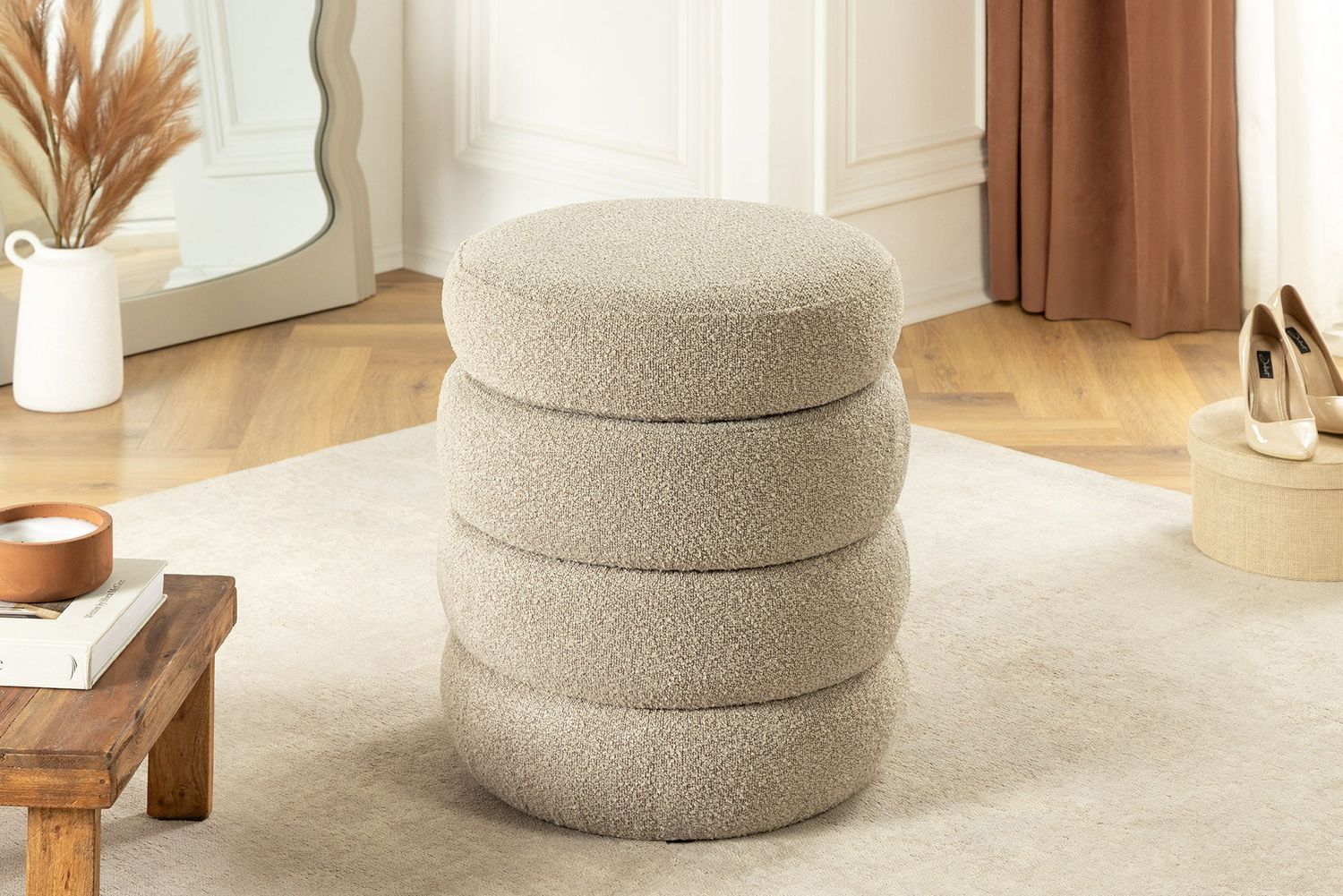 Tabouret VOQUE 50cm bouclé taupe avec rangement - 46685