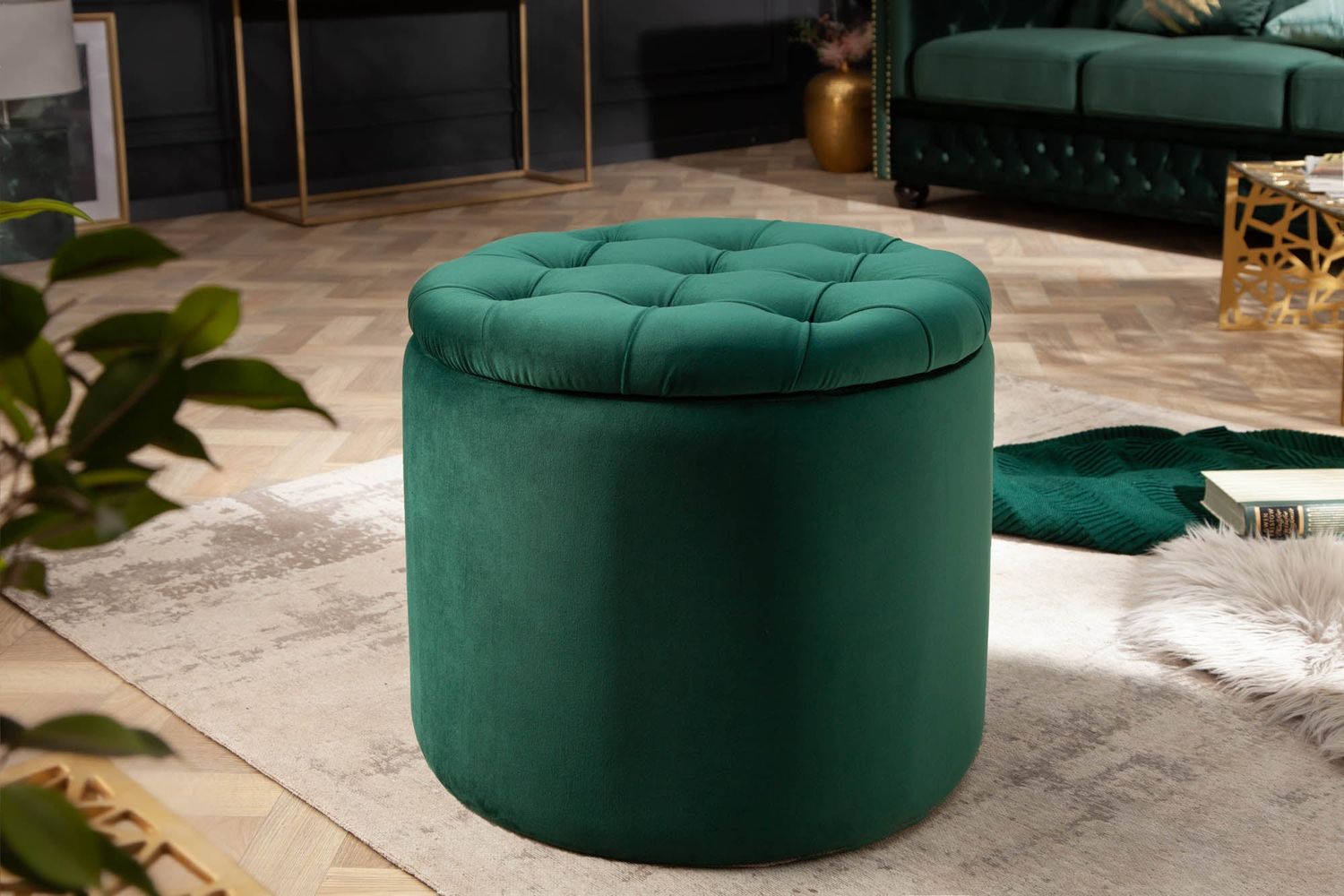 Tabouret MODERN BAROCK STORAGE 50cm velours vert émeraude - 40737
