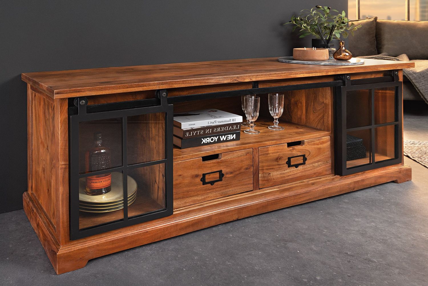 Vitrine HERITAGE 160cm, portes coulissantes en métal noir, bois d'acacia brun - 44050