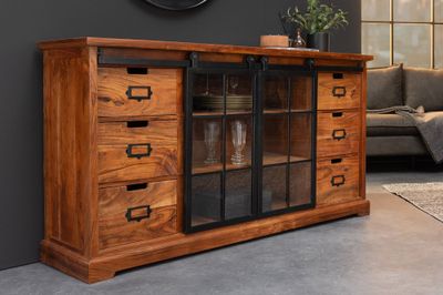 Vitrine HERITAGE 150 cm, portes coulissantes en métal noir, bois d'acacia brun - 44049