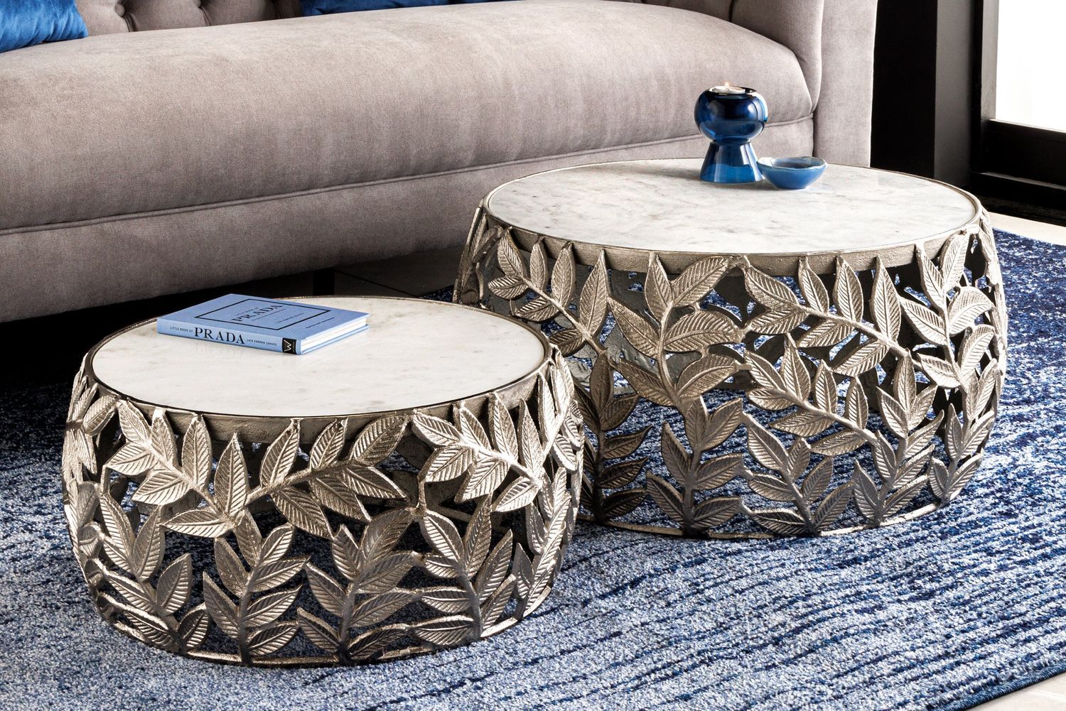 Table basse ABSTRACT LEAF 54-68cm, lot de 2, argentée avec plateaux en marbre - 43817